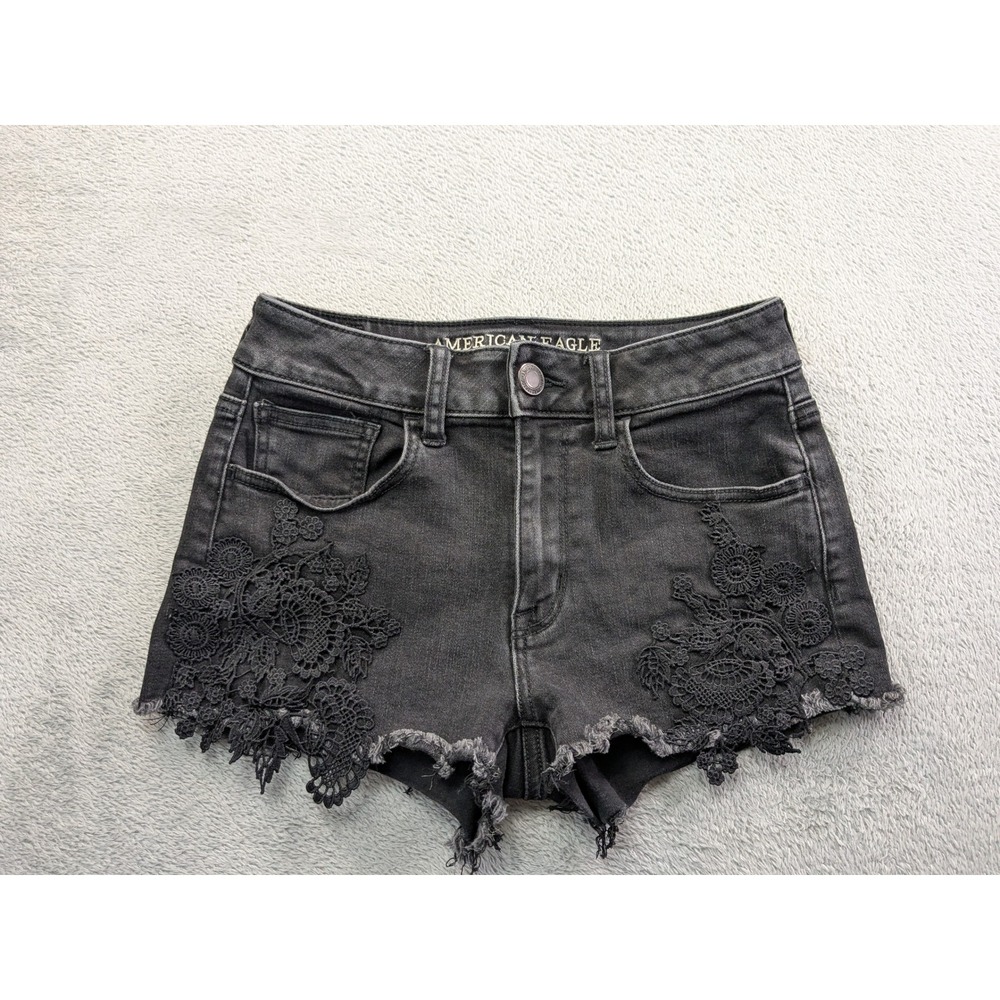 American Eagle Hi-Rise Shortie Black Lace Crochet Denim Shorts Sz 2 Boho Raw Hem
